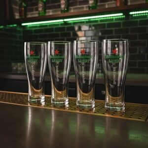 Heineken Light Beer Pilsner Glasses, Set of 4, Red Star Logo Design, Replacement